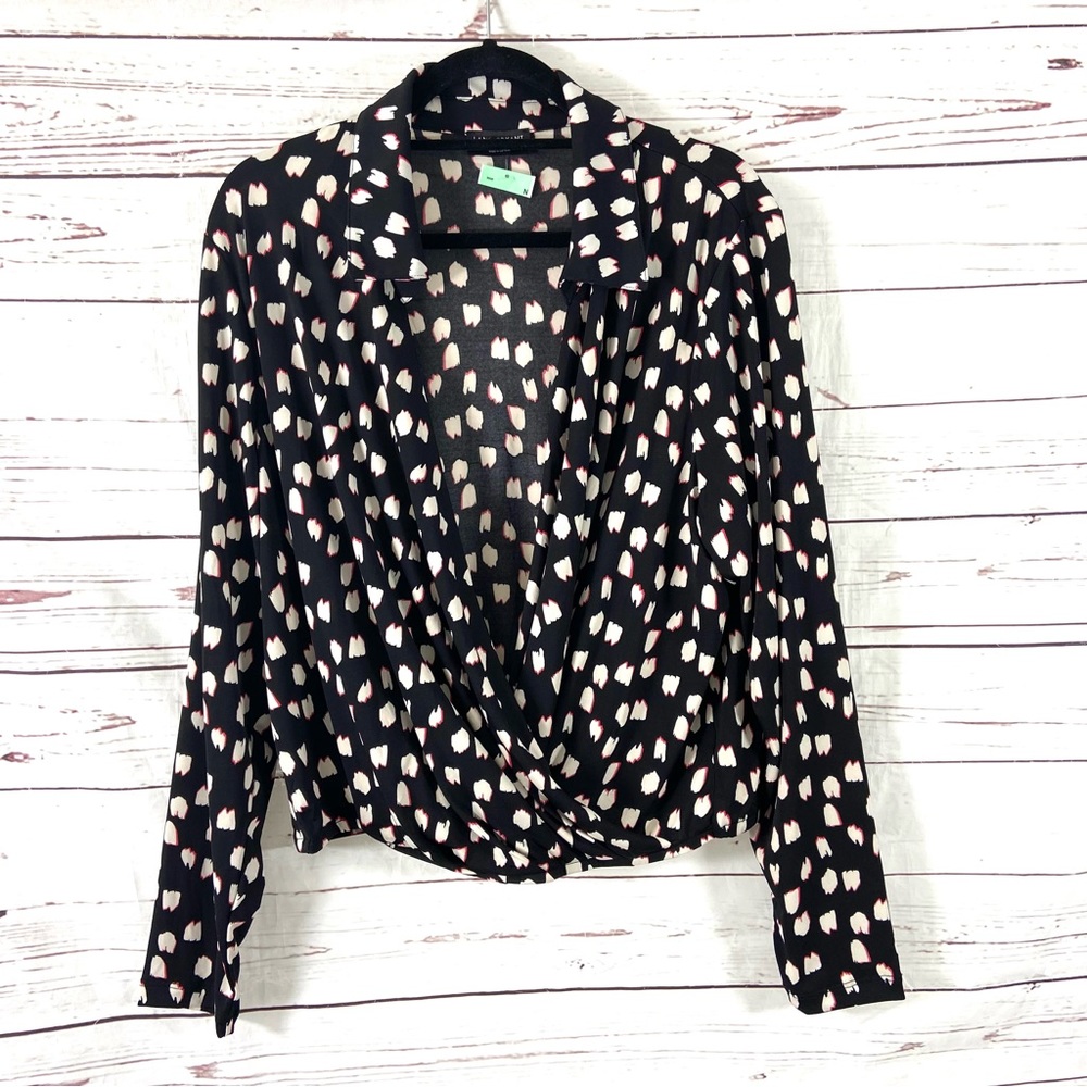 Lane‎ Bryant Top Woman’s 22-24 Black Faux Wrap Jersey Long Sleeve Collared.